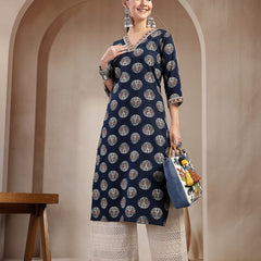 Stylum Women's Indigo Block Printed Cotton Straight Kurta (INDIGODONUT)