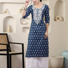 Stylum Women's Indigo Blue Printed & Embroidered Cotton Straight Chicken Kurta (INDIGOPARAG)