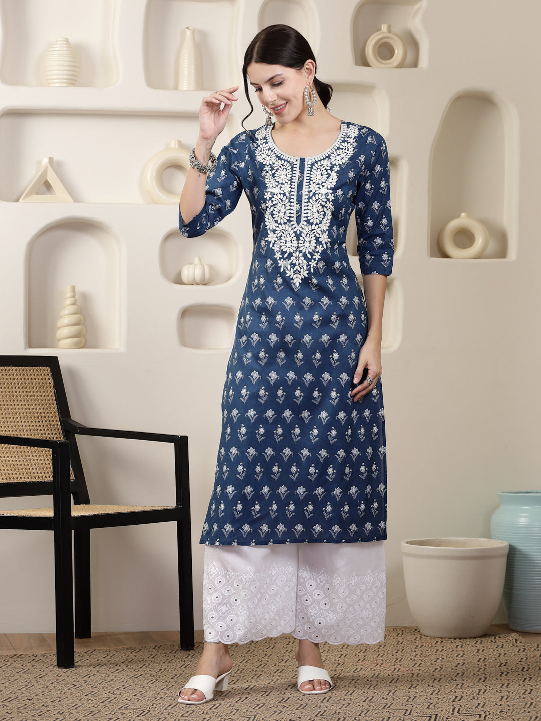 Stylum Women's Indigo Blue Printed & Embroidered Cotton Straight Chicken Kurta (INDIGOPARAG)