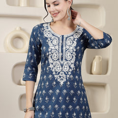 Stylum Women's Indigo Blue Printed & Embroidered Cotton Straight Chicken Kurta (INDIGOPARAG)
