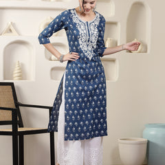 Stylum Women's Indigo Blue Printed & Embroidered Cotton Straight Chicken Kurta (INDIGOPARAG)