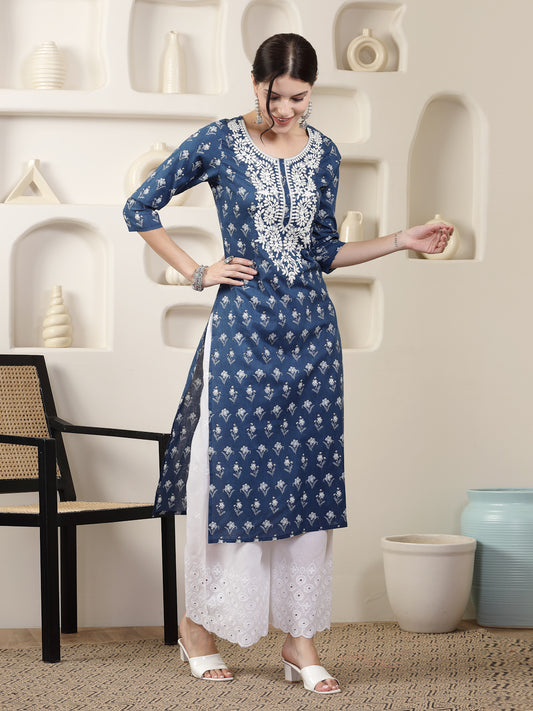 Stylum Women's Indigo Blue Printed & Embroidered Cotton Straight Chicken Kurta (INDIGOPARAG)