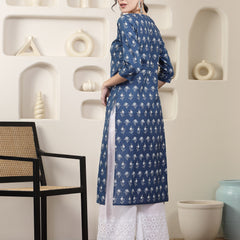 Stylum Women's Indigo Blue Printed & Embroidered Cotton Straight Chicken Kurta (INDIGOPARAG)