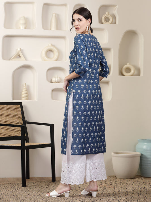 Stylum Women's Indigo Blue Printed & Embroidered Cotton Straight Chicken Kurta (INDIGOPARAG)