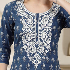 Stylum Women's Indigo Blue Printed & Embroidered Cotton Straight Chicken Kurta (INDIGOPARAG)