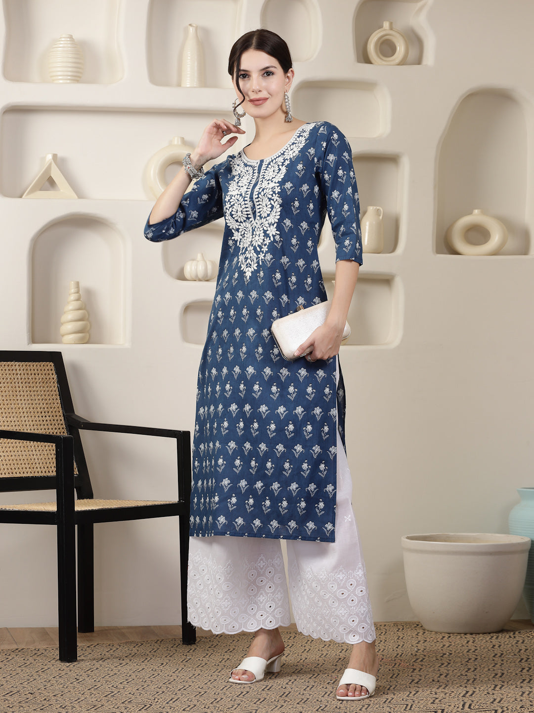 Stylum Women's Indigo Blue Printed & Embroidered Cotton Straight Chicken Kurta (INDIGOPARAG)