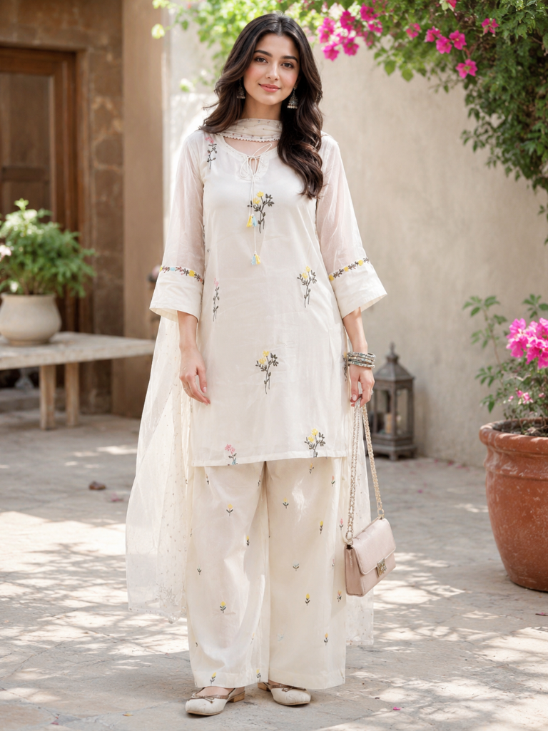 Women’s White Rayon Embroidered Kurta Palazzo Set with Chiffon Dupatta