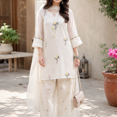 Women’s White Rayon Embroidered Kurta Palazzo Set with Chiffon Dupatta