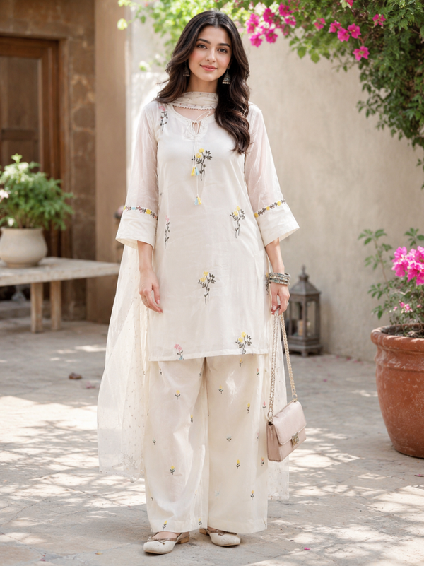 Women’s White Rayon Embroidered Kurta Palazzo Set with Chiffon Dupatta
