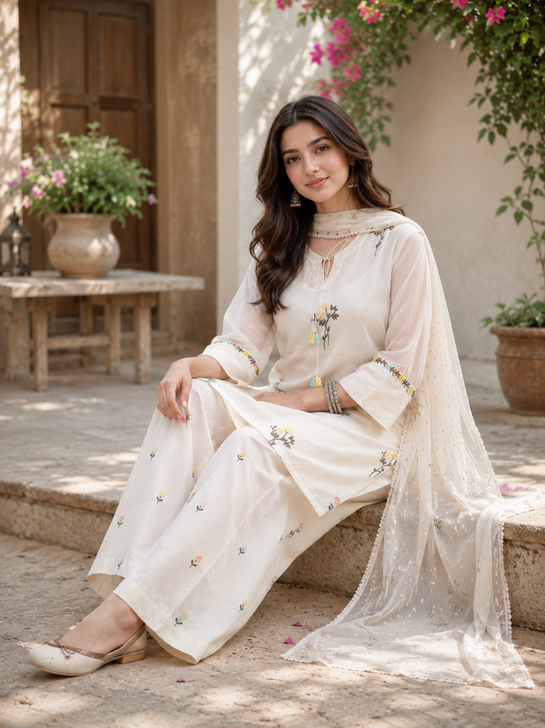 Women’s White Rayon Embroidered Kurta Palazzo Set with Chiffon Dupatta