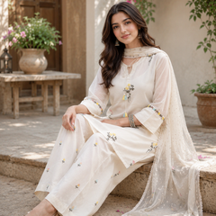 Women’s White Rayon Embroidered Kurta Palazzo Set with Chiffon Dupatta