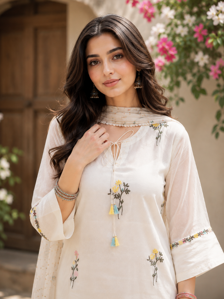Women’s White Rayon Embroidered Kurta Palazzo Set with Chiffon Dupatta