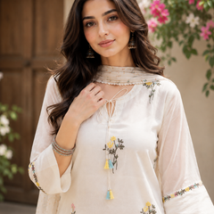 Women’s White Rayon Embroidered Kurta Palazzo Set with Chiffon Dupatta