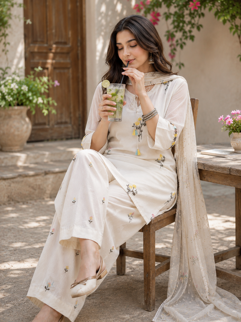 Women’s White Rayon Embroidered Kurta Palazzo Set with Chiffon Dupatta