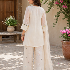 Women’s White Rayon Embroidered Kurta Palazzo Set with Chiffon Dupatta