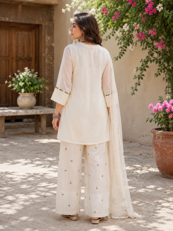 Women’s White Rayon Embroidered Kurta Palazzo Set with Chiffon Dupatta