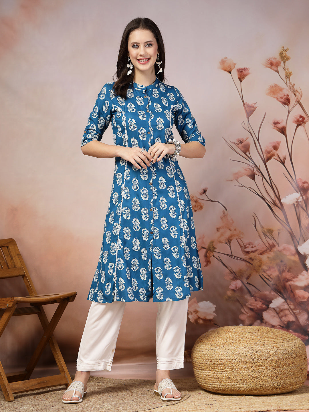 Stylum Women's Floral Printed Rayon A-Line Kurta (JOHNYBLUE)