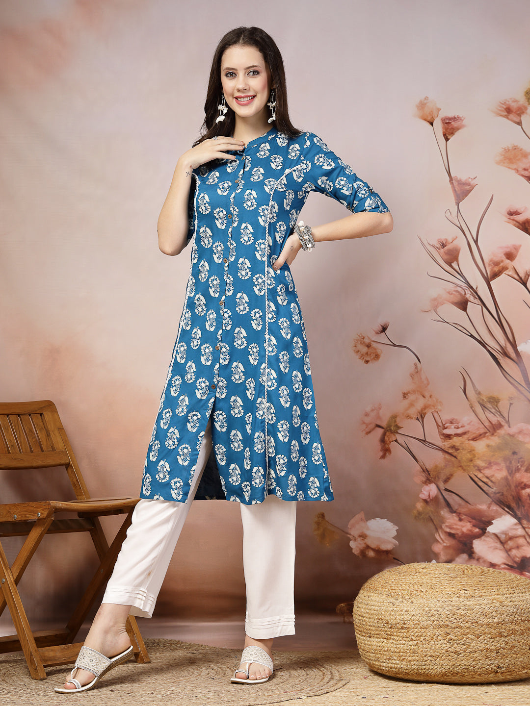 Stylum Women's Floral Printed Rayon A-Line Kurta (JOHNYBLUE)