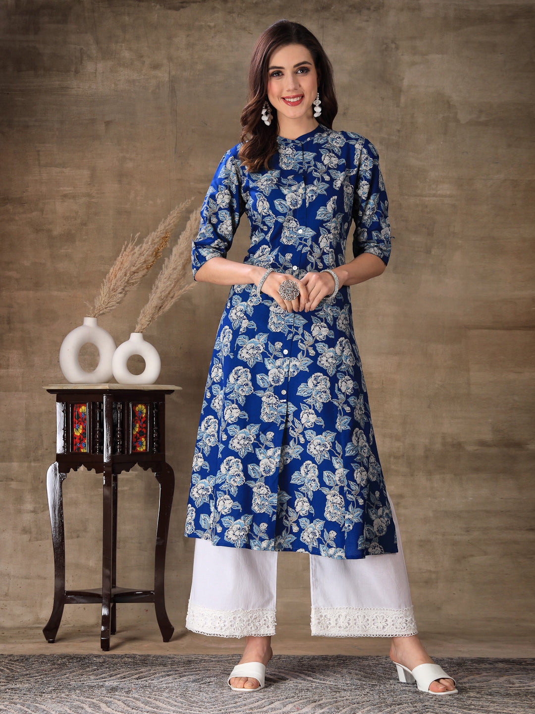 Blue Floral Printed Rayon A-Line Kurta