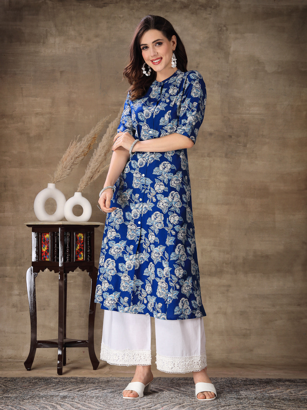 Blue Floral Printed Rayon A-Line Kurta