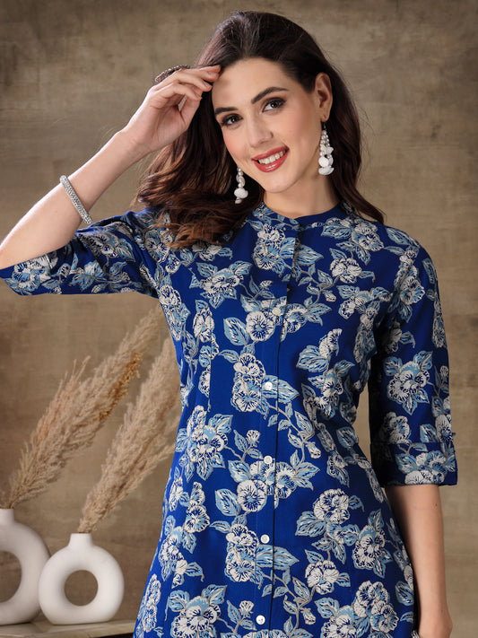 Blue Floral Printed Rayon A-Line Kurta