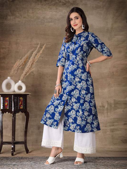 Stylum Women's Floral Printed Rayon A-Line Kurta (JOYBLUE)