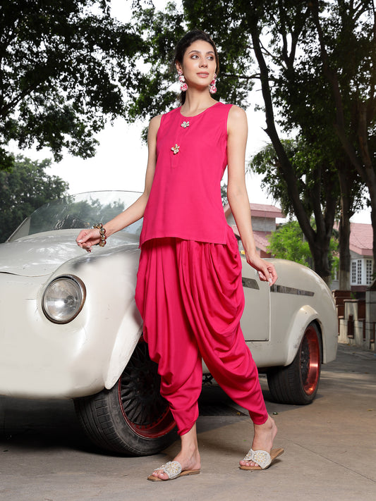 Stylum Women's Pink Solid & Embroidered Cotton A-Line Kurti Dhoti Pant with Jacket (JTDPINKROBIN)