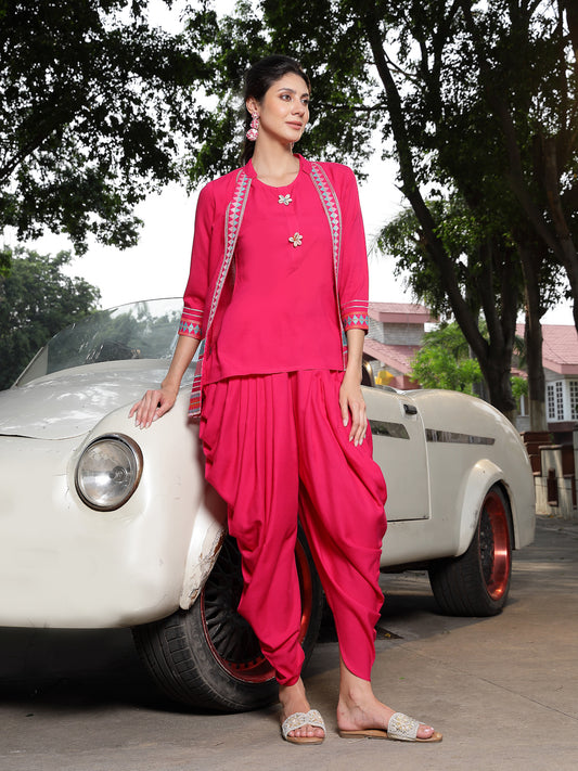 Stylum Women's Pink Solid & Embroidered Cotton A-Line Kurti Dhoti Pant with Jacket (JTDPINKROBIN)
