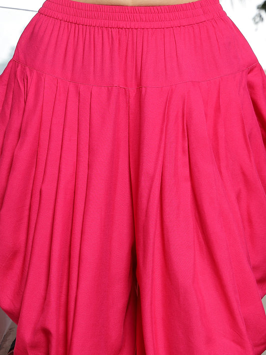 Stylum Women's Pink Solid & Embroidered Cotton A-Line Kurti Dhoti Pant with Jacket (JTDPINKROBIN)