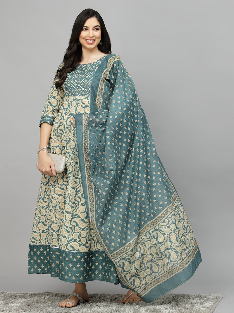Stylum Women's Printed Cotton Anarkali Kurta with Dupatta (KDBEIGENUTAN)
