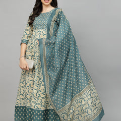 Stylum Women's Printed Cotton Anarkali Kurta with Dupatta (KDBEIGENUTAN)