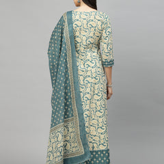 Stylum Women's Printed Cotton Anarkali Kurta with Dupatta (KDBEIGENUTAN)