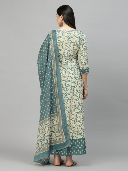 Stylum Women's Printed Cotton Anarkali Kurta with Dupatta (KDBEIGENUTAN)
