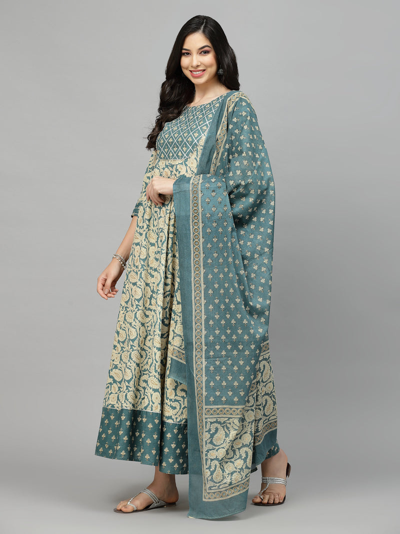 Stylum Women's Printed Cotton Anarkali Kurta with Dupatta (KDBEIGENUTAN)