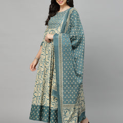 Stylum Women's Printed Cotton Anarkali Kurta with Dupatta (KDBEIGENUTAN)