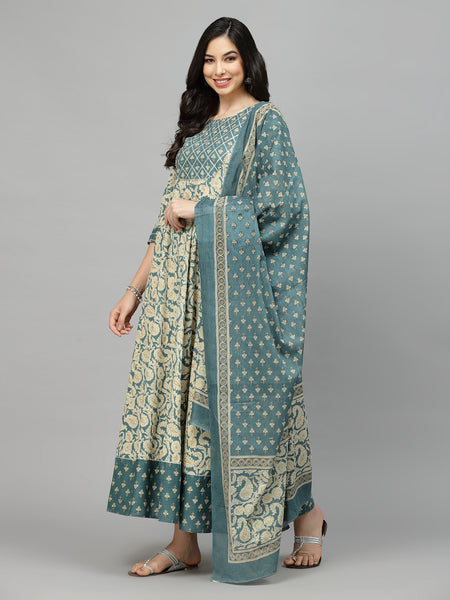 Stylum Women's Printed Cotton Anarkali Kurta with Dupatta (KDBEIGENUTAN)