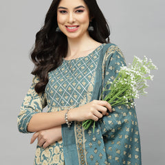 Stylum Women's Printed Cotton Anarkali Kurta with Dupatta (KDBEIGENUTAN)