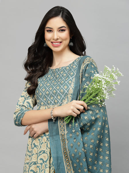 Stylum Women's Printed Cotton Anarkali Kurta with Dupatta (KDBEIGENUTAN)