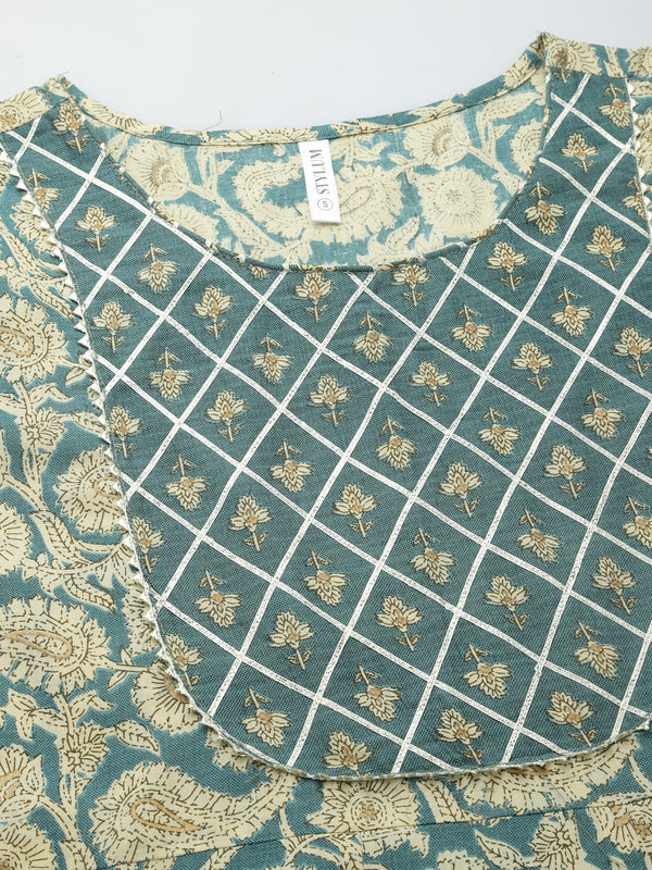 Stylum Women's Printed Cotton Anarkali Kurta with Dupatta (KDBEIGENUTAN)