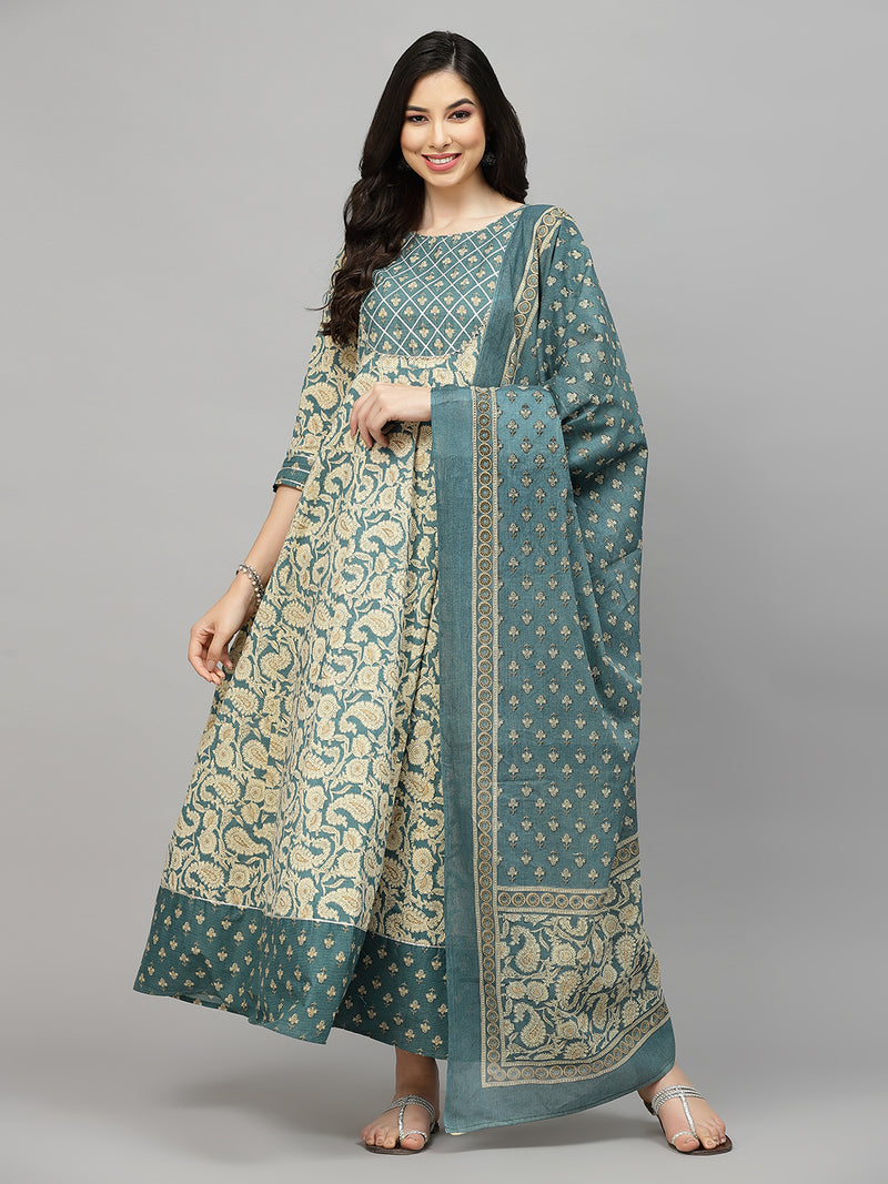 Stylum Women's Printed Cotton Anarkali Kurta with Dupatta (KDBEIGENUTAN)