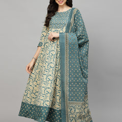 Stylum Women's Printed Cotton Anarkali Kurta with Dupatta (KDBEIGENUTAN)