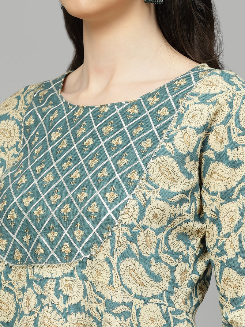 Stylum Women's Printed Cotton Anarkali Kurta with Dupatta (KDBEIGENUTAN)