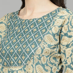 Stylum Women's Printed Cotton Anarkali Kurta with Dupatta (KDBEIGENUTAN)