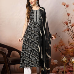 Stylum Women's Black Bandhani Printed & Embroidered Rayon A-Line Kurta Dupatta Set (KDBLACKBANGO)