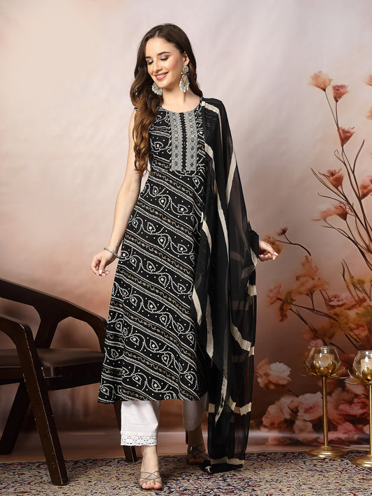 Stylum Women's Black Bandhani Printed & Embroidered Rayon A-Line Kurta Dupatta Set (KDBLACKBANGO)