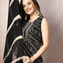 Stylum Women's Black Bandhani Printed & Embroidered Rayon A-Line Kurta Dupatta Set (KDBLACKBANGO)