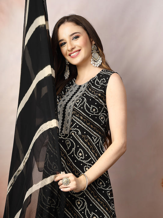 Stylum Women's Black Bandhani Printed & Embroidered Rayon A-Line Kurta Dupatta Set (KDBLACKBANGO)