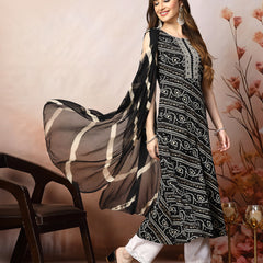 Stylum Women's Black Bandhani Printed & Embroidered Rayon A-Line Kurta Dupatta Set (KDBLACKBANGO)
