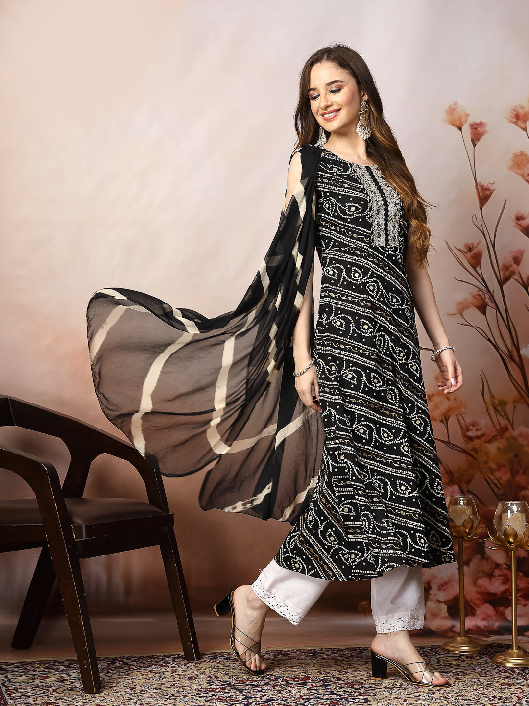 Stylum Women's Black Bandhani Printed & Embroidered Rayon A-Line Kurta Dupatta Set (KDBLACKBANGO)