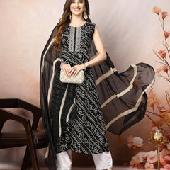 Stylum Women's Black Bandhani Printed & Embroidered Rayon A-Line Kurta Dupatta Set (KDBLACKBANGO)